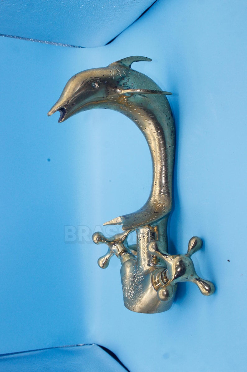 Dolphin countertop faucet Brass Faucet – Handcrafted Animal-Shaped Bathroom Tap – Vintage Wall-Mounted Unlacquered Brass with Cross Handles

