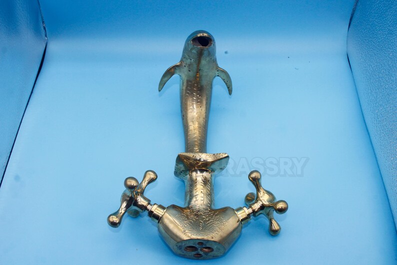 Dolphin countertop faucet Brass Faucet – Handcrafted Animal-Shaped Bathroom Tap – Vintage Wall-Mounted Unlacquered Brass with Cross Handles

