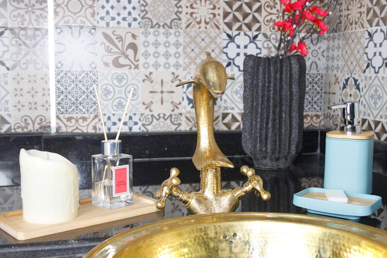 Dolphin countertop faucet Brass Faucet – Handcrafted Animal-Shaped Bathroom Tap – Vintage Wall-Mounted Unlacquered Brass with Cross Handles
