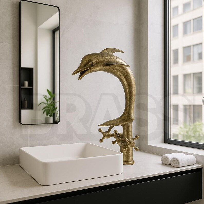 Dolphin countertop faucet Brass Faucet – Handcrafted Animal-Shaped Bathroom Tap – Vintage Wall-Mounted Unlacquered Brass with Cross Handles
