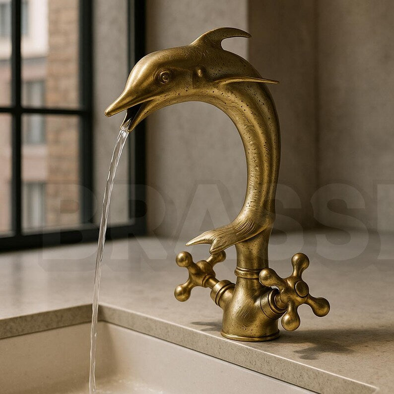 Dolphin countertop faucet Brass Faucet – Handcrafted Animal-Shaped Bathroom Tap – Vintage Wall-Mounted Unlacquered Brass with Cross Handles
