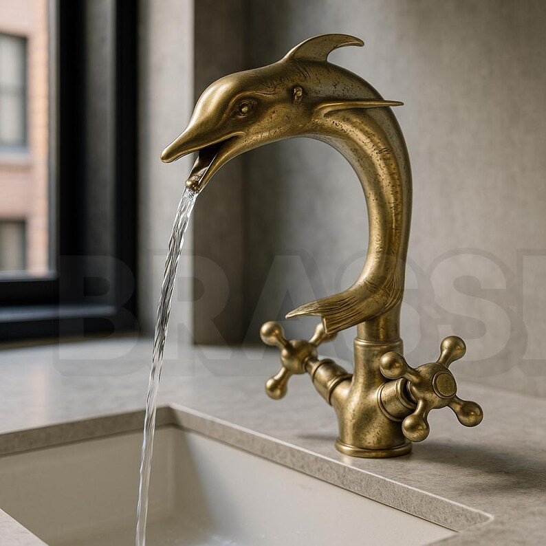 Dolphin countertop faucet Brass Faucet – Handcrafted Animal-Shaped Bathroom Tap – Vintage Wall-Mounted Unlacquered Brass with Cross Handles
