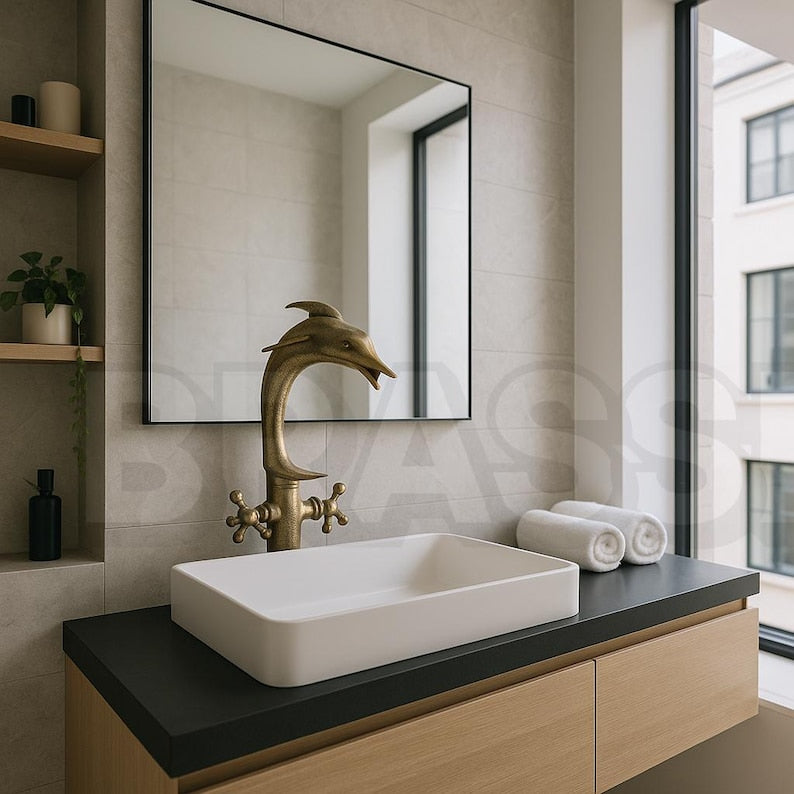 Dolphin countertop faucet Brass Faucet – Handcrafted Animal-Shaped Bathroom Tap – Vintage Wall-Mounted Unlacquered Brass with Cross Handles
