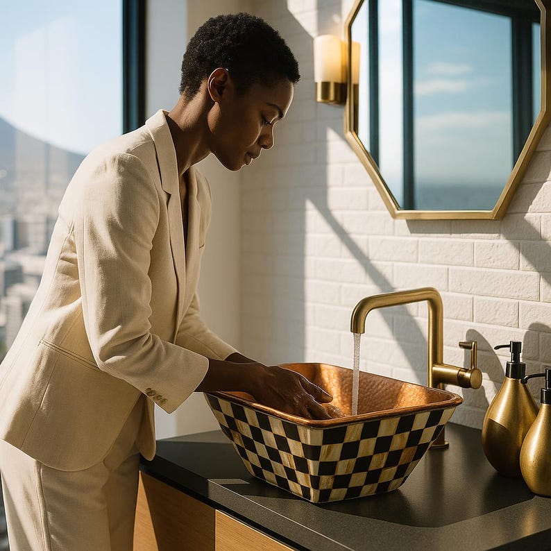 Drop-in oval vanity sink with polished brass rim