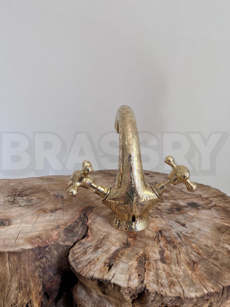 Engraved Brass Bathroom Faucet | Moroccan Double Handle Vanity Tap | Unlacquered Solid Brass Sink Mixer
