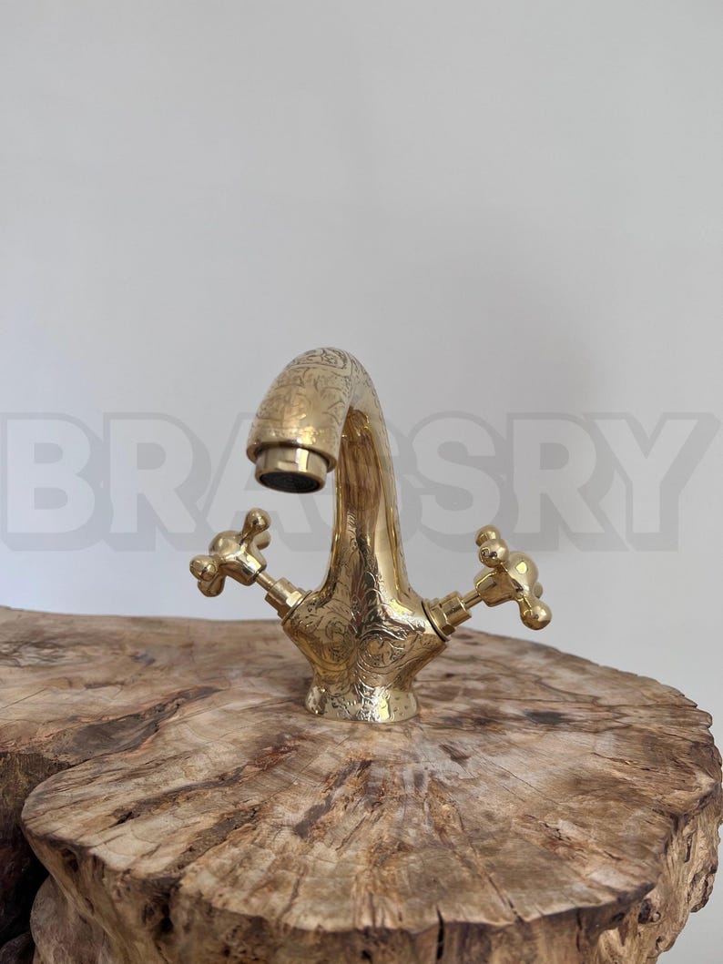 Engraved Brass Bathroom Faucet | Moroccan Double Handle Vanity Tap | Unlacquered Solid Brass Sink Mixer
