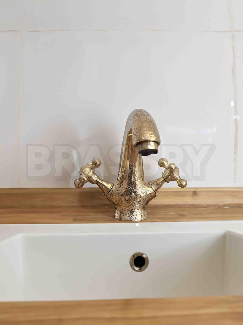 Engraved Brass Bathroom Faucet | Moroccan Double Handle Vanity Tap | Unlacquered Solid Brass Sink Mixer
