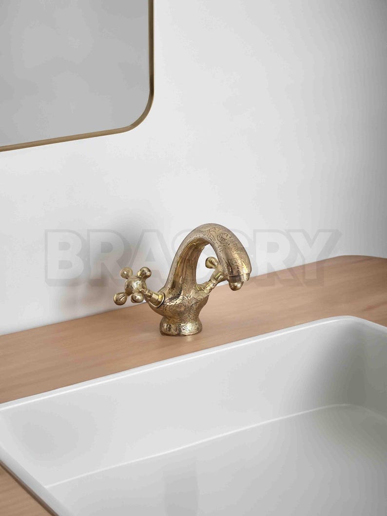 Engraved Brass Bathroom Faucet | Moroccan Double Handle Vanity Tap | Unlacquered Solid Brass Sink Mixer
