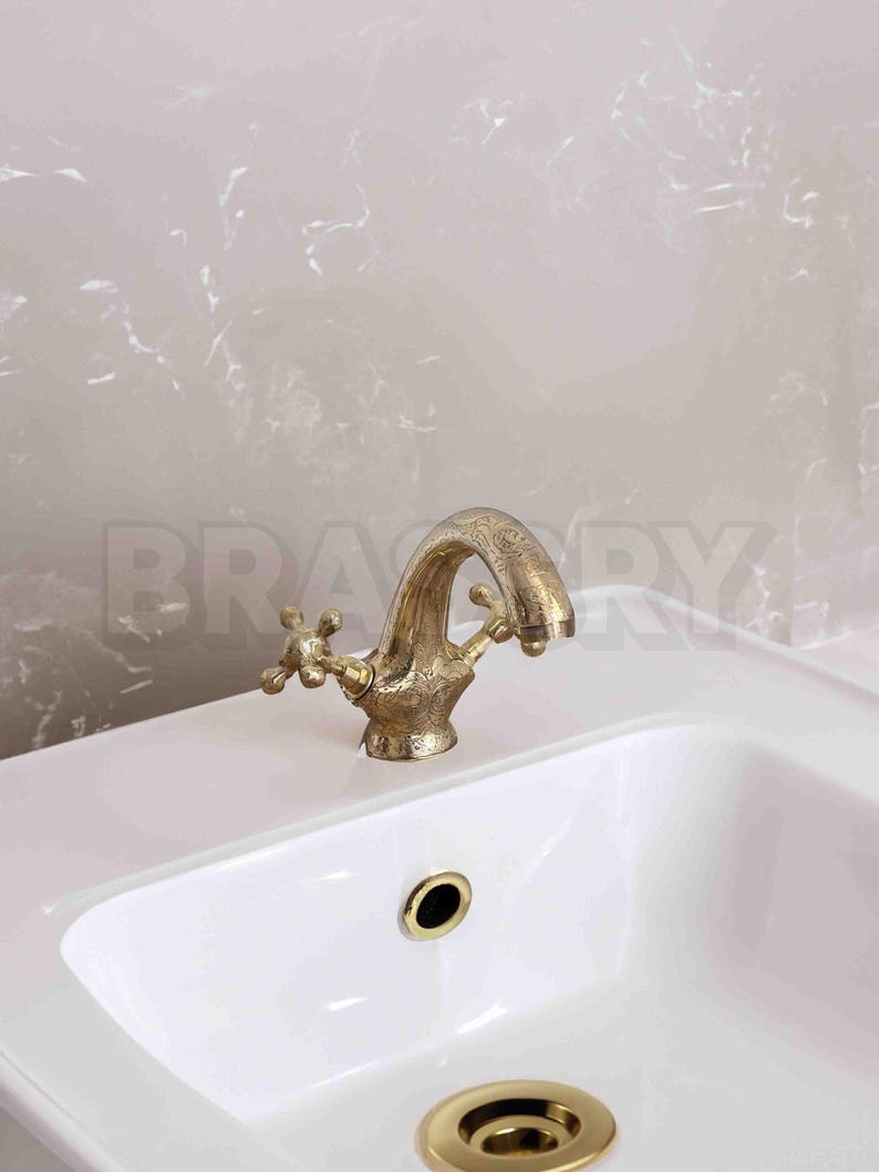 Engraved Brass Bathroom Faucet | Moroccan Double Handle Vanity Tap | Unlacquered Solid Brass Sink Mixer
