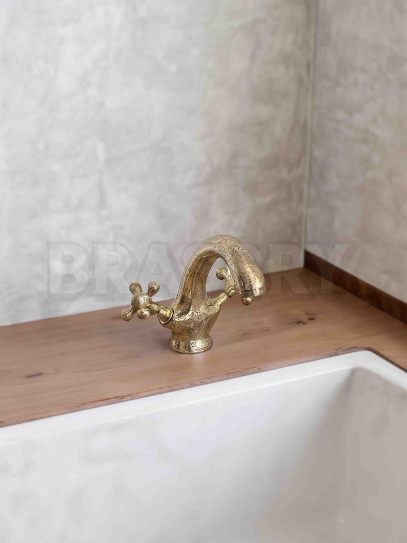 Engraved Brass Bathroom Faucet | Moroccan Double Handle Vanity Tap | Unlacquered Solid Brass Sink Mixer
