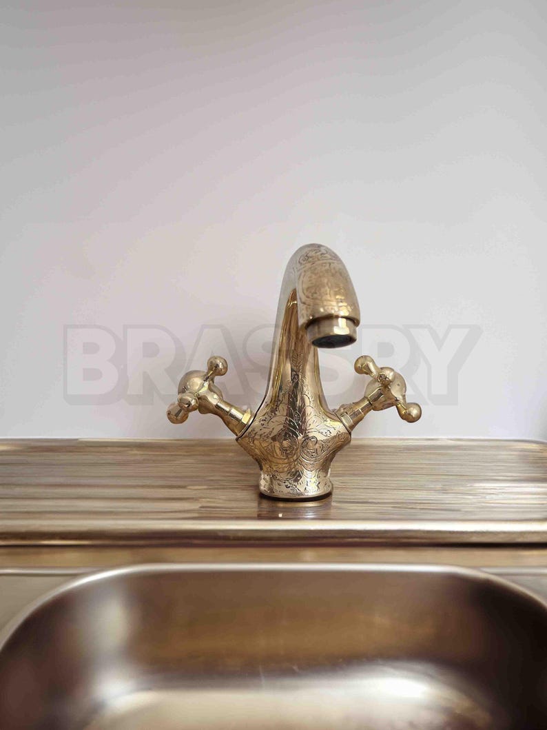 Engraved Brass Bathroom Faucet | Moroccan Double Handle Vanity Tap | Unlacquered Solid Brass Sink Mixer
