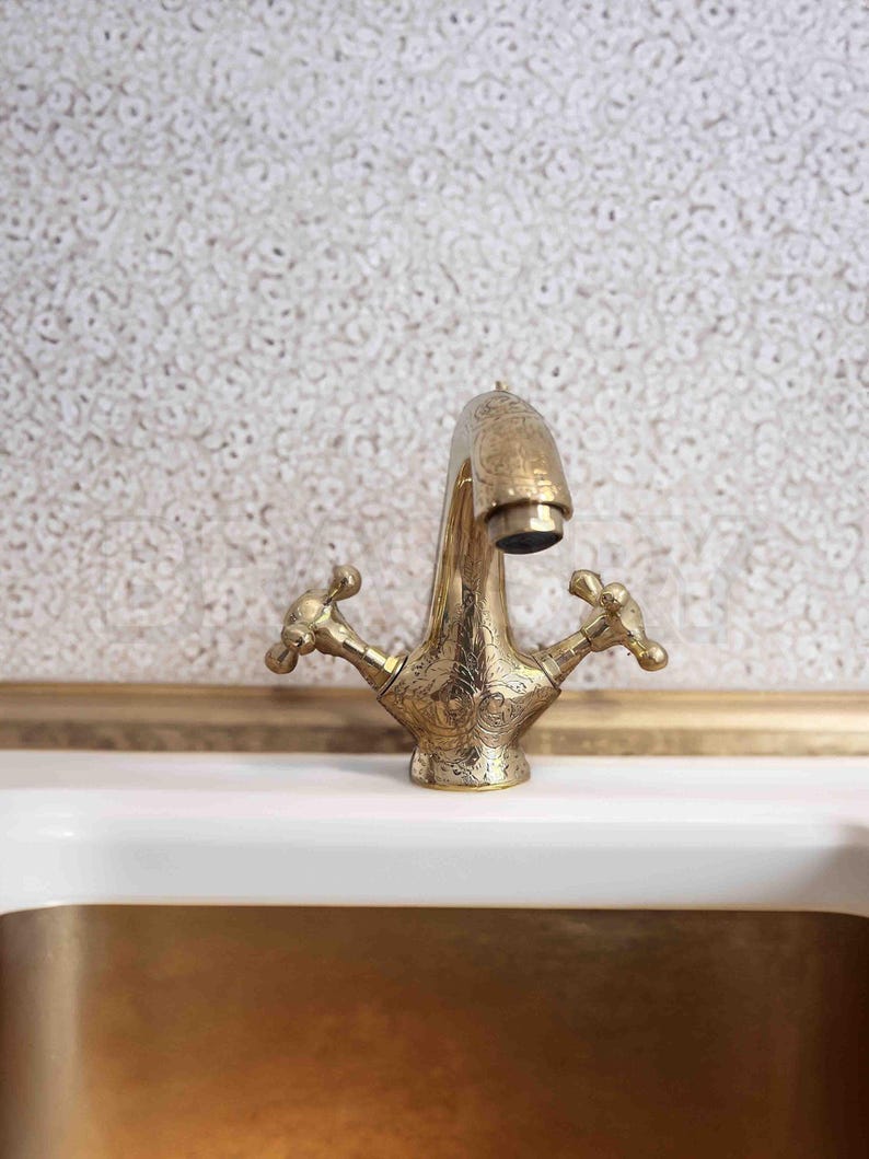 Engraved Brass Bathroom Faucet | Moroccan Double Handle Vanity Tap | Unlacquered Solid Brass Sink Mixer
