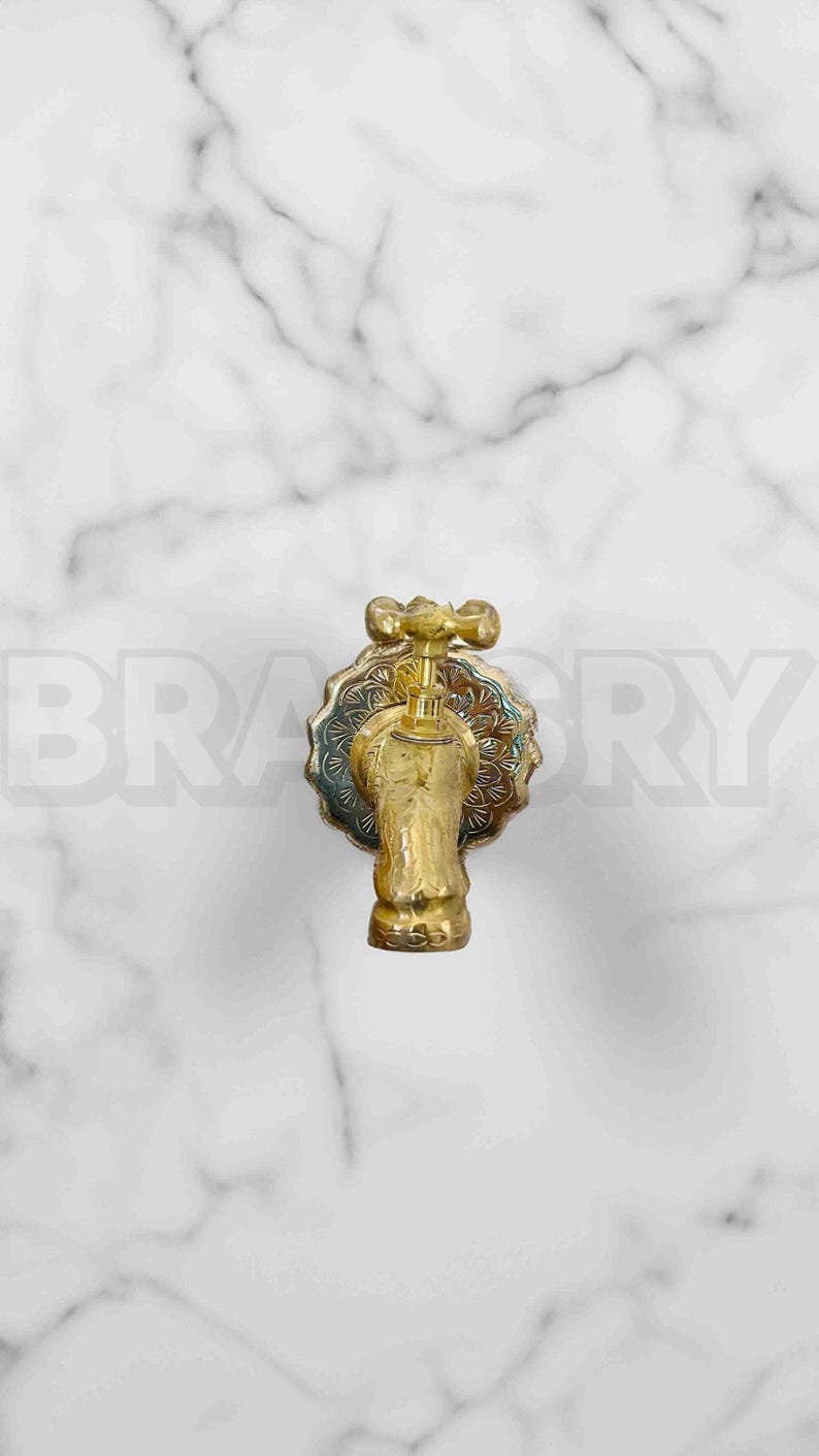 Engraved Brass Wall Faucet Outdoor Garden Tap, Moroccan Spout Fixture, Rustic Vintage Hose Bib, Unlacquered Brass Water Tap