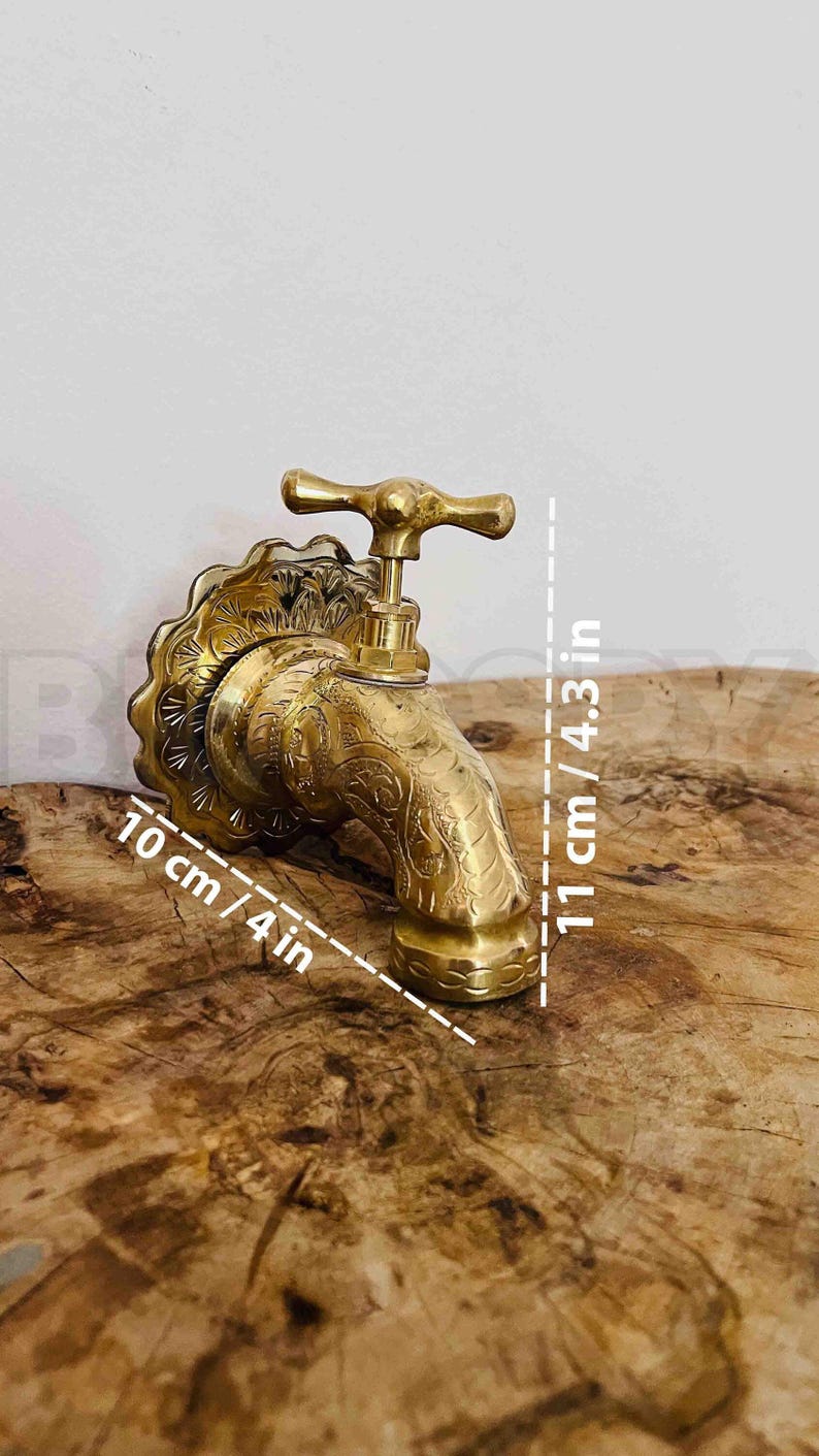 Engraved Brass Wall Faucet Outdoor Garden Tap, Moroccan Spout Fixture, Rustic Vintage Hose Bib, Unlacquered Brass Water Tap