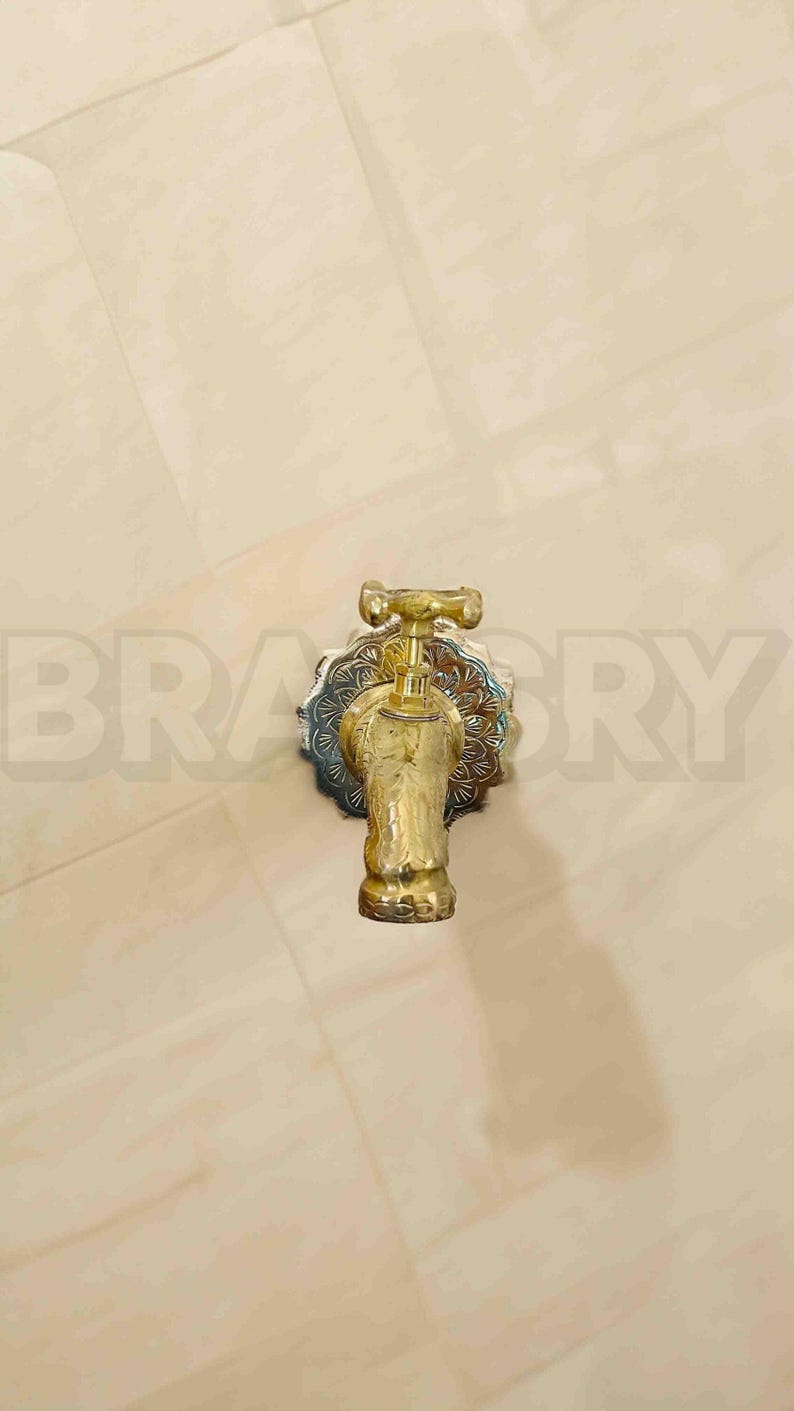 Engraved Brass Wall Faucet Outdoor Garden Tap, Moroccan Spout Fixture, Rustic Vintage Hose Bib, Unlacquered Brass Water Tap