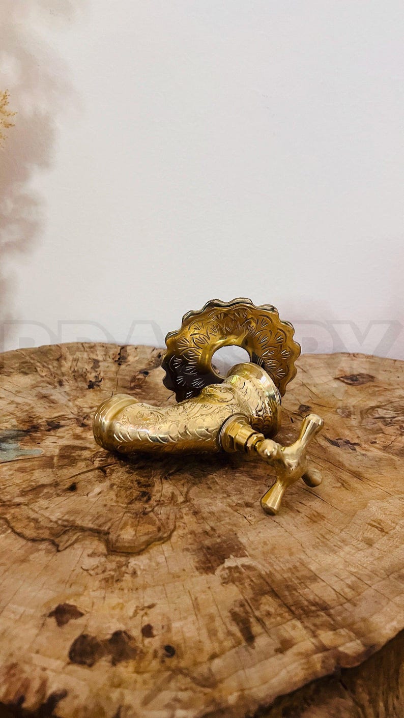 Engraved Brass Wall Faucet Outdoor Garden Tap, Moroccan Spout Fixture, Rustic Vintage Hose Bib, Unlacquered Brass Water Tap