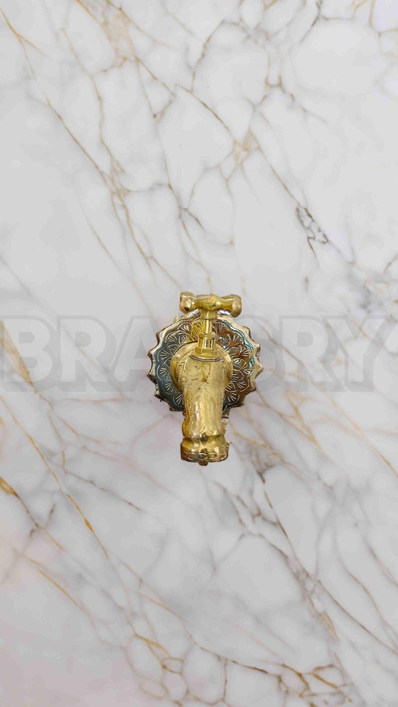 Engraved Brass Wall Faucet Outdoor Garden Tap, Moroccan Spout Fixture, Rustic Vintage Hose Bib, Unlacquered Brass Water Tap