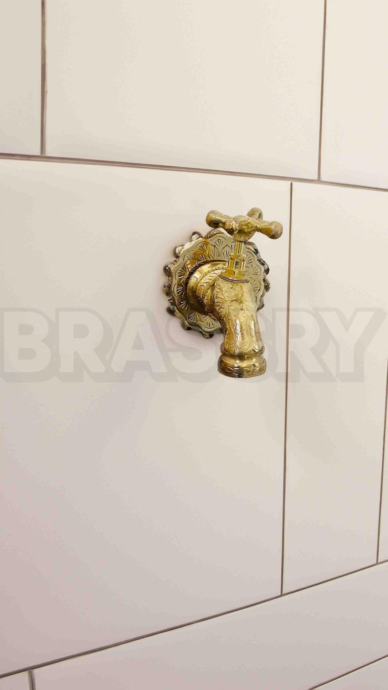 Engraved Brass Wall Faucet Outdoor Garden Tap, Moroccan Spout Fixture, Rustic Vintage Hose Bib, Unlacquered Brass Water Tap