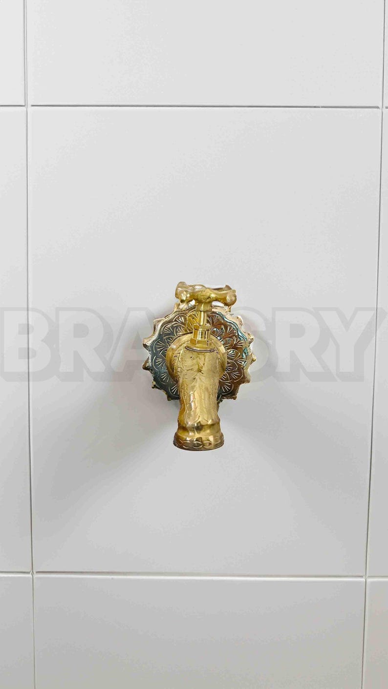 Engraved Brass Wall Faucet Outdoor Garden Tap, Moroccan Spout Fixture, Rustic Vintage Hose Bib, Unlacquered Brass Water Tap