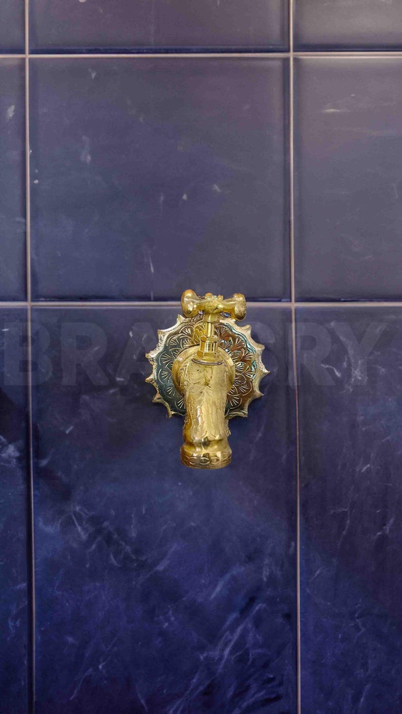 Engraved Brass Wall Faucet Outdoor Garden Tap, Moroccan Spout Fixture, Rustic Vintage Hose Bib, Unlacquered Brass Water Tap
