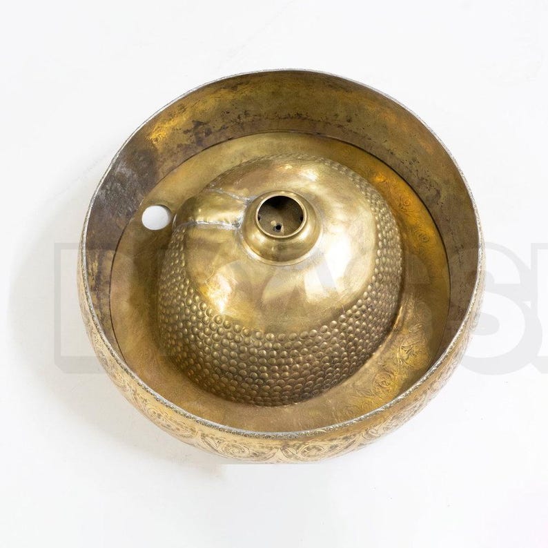 Engraved Moroccan Oval Brass Sink with Faucet – Hammered Farmhouse Bathroom Sink Set – Artisan Round Hammered Gold Bathroom Basin
