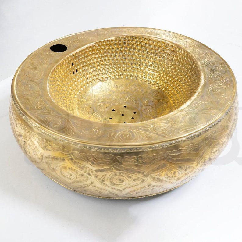 Engraved Moroccan Oval Brass Sink with Faucet – Hammered Farmhouse Bathroom Sink Set – Artisan Round Hammered Gold Bathroom Basin
