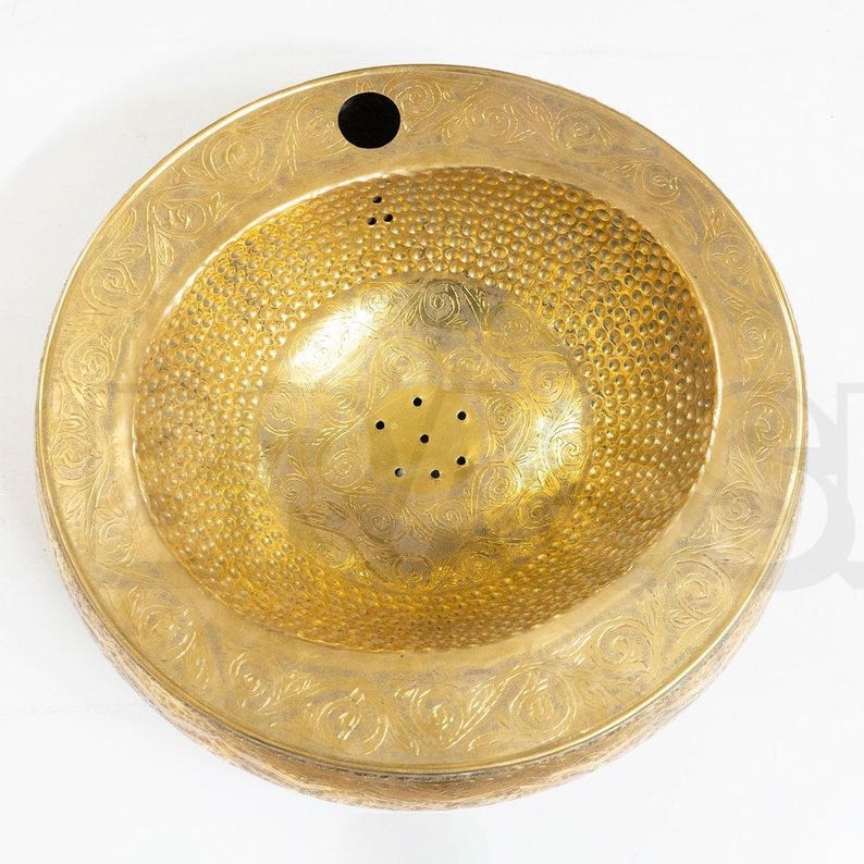 Engraved Moroccan Oval Brass Sink with Faucet – Hammered Farmhouse Bathroom Sink Set – Artisan Round Hammered Gold Bathroom Basin
