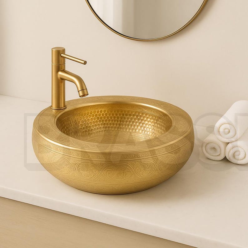 Engraved Moroccan Oval Brass Sink with Faucet – Hammered Farmhouse Bathroom Sink Set – Artisan Round Hammered Gold Bathroom Basin
