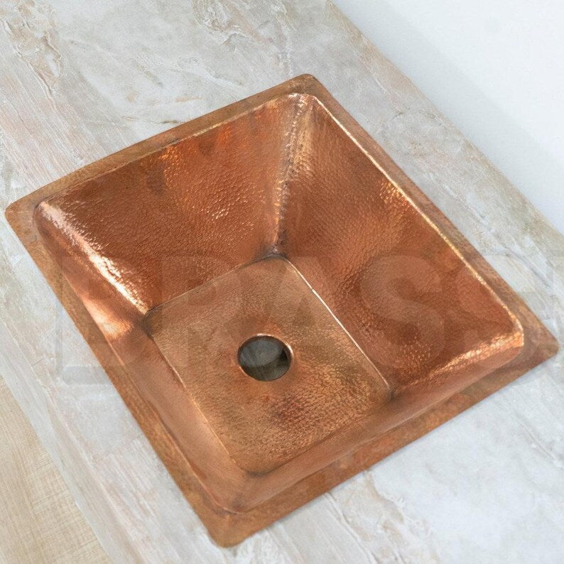 Engraved Moroccan Square Drop-In Bathroom Vessel Sink – Hammered Farmhouse Bathroom Sink Set – Artisan Round Hammered Gold Bathroom Basin
