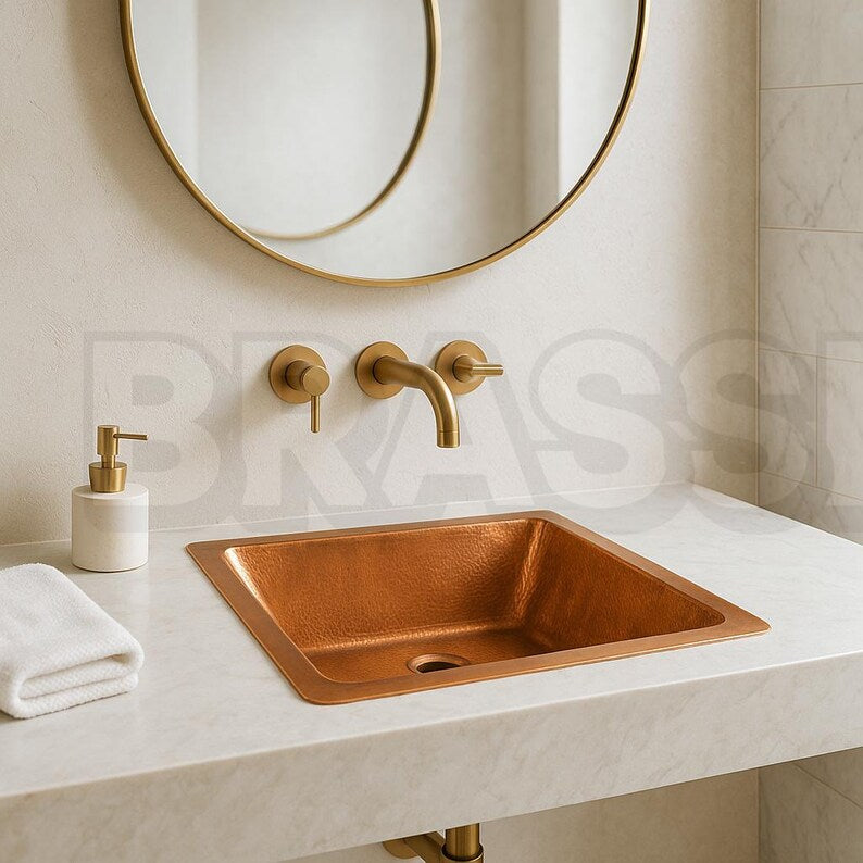Engraved Moroccan Square Drop-In Bathroom Vessel Sink – Hammered Farmhouse Bathroom Sink Set – Artisan Round Hammered Gold Bathroom Basin
