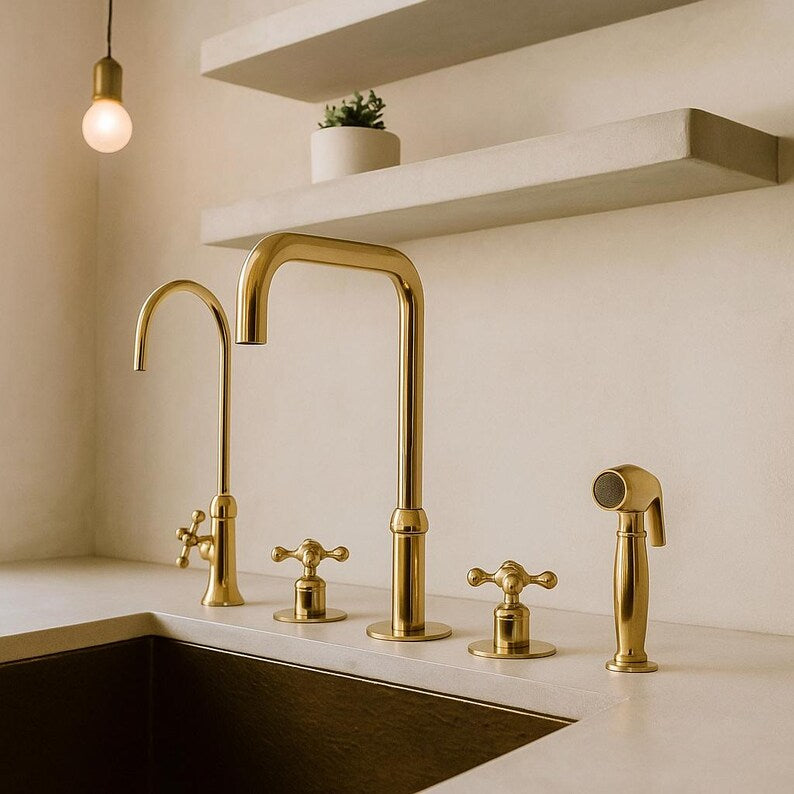 Farmhouse solid brass faucet in polished or unlacquered finish

