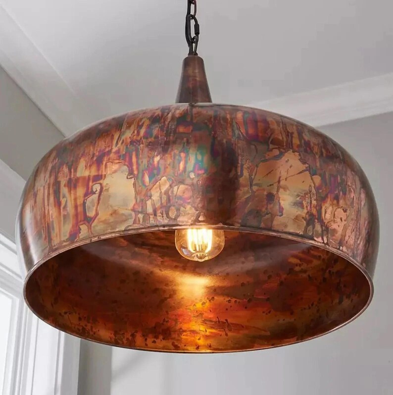 Flame-patina copper hanging lamp for kitchen or dining room

