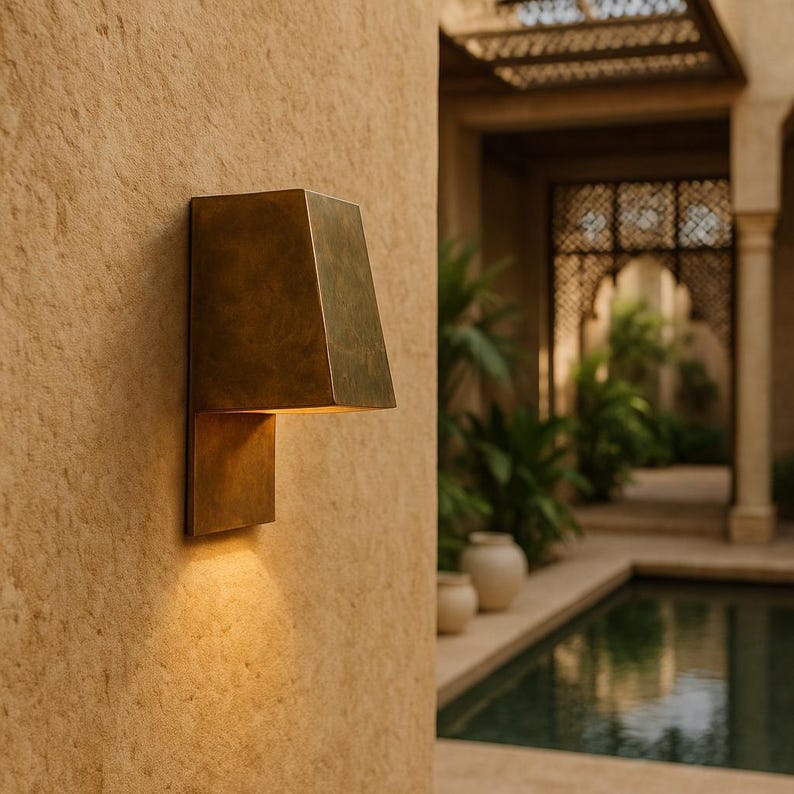 Geometric copper wall sconce with warm patina for hallway or bedroom