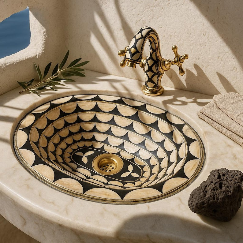 Geometric resin inlay bathroom sink with brass rim