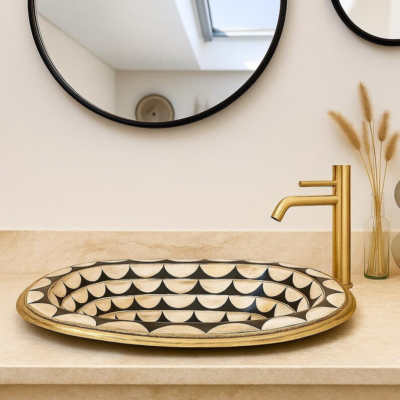 Geometric resin inlay bathroom sink with brass rim