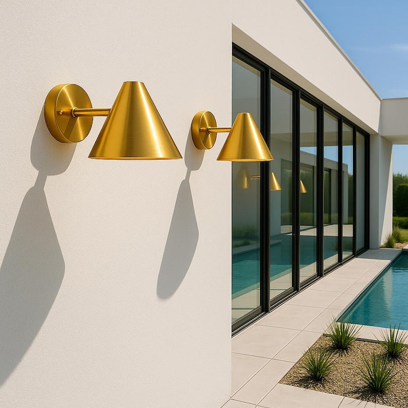 Golden funnel wall sconce in brushed brass – artisan handmade Moroccan fixture

