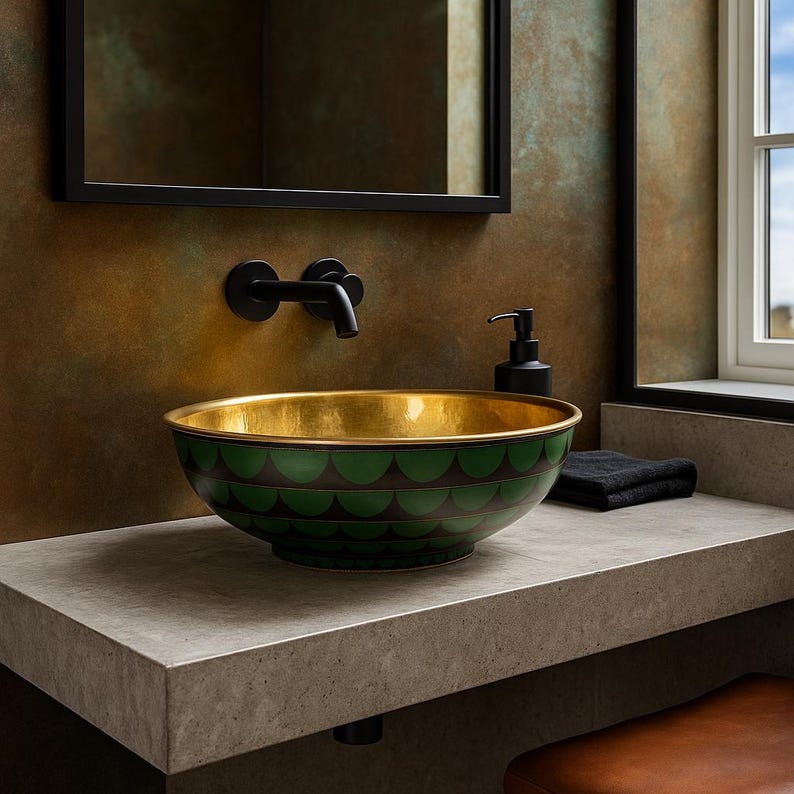 Hammered gold interior of handcrafted brass basin