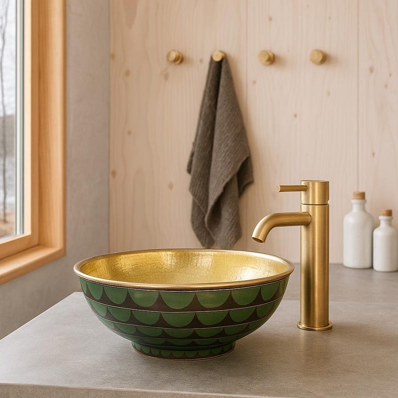 Hammered gold interior of handcrafted brass basin