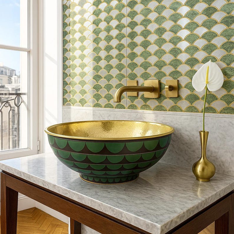 Hammered gold interior of handcrafted brass basin