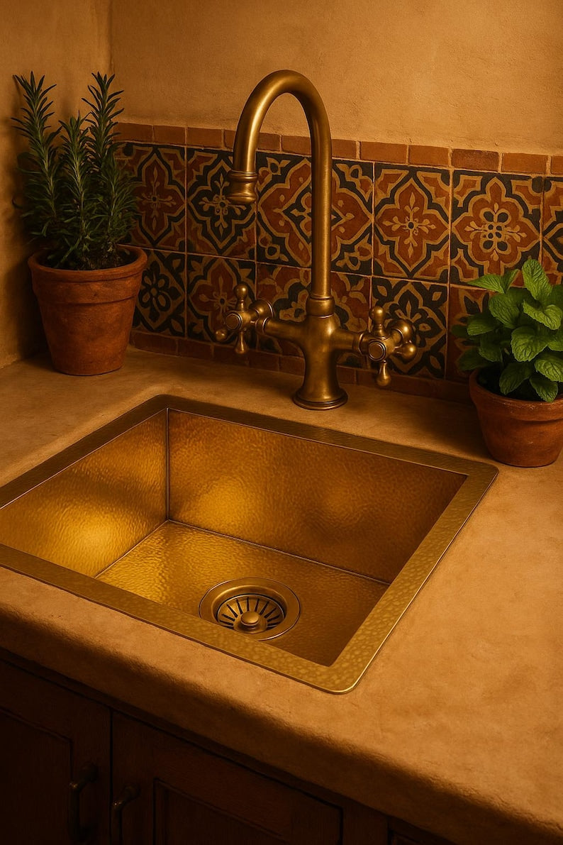 Hand-Hammered Moroccan Brass Bar Sink – Unlacquered Solid Brass Farmhouse Prep Sink for Bar, Hammered Style Water Fixture
