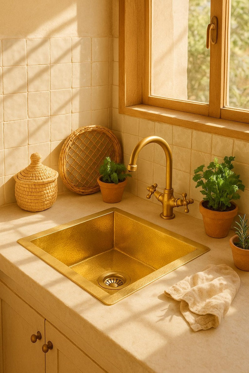 Hand-Hammered Moroccan Brass Bar Sink – Unlacquered Solid Brass Farmhouse Prep Sink for Bar, Hammered Style Water Fixture
