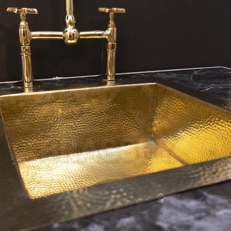 Hand-Hammered Moroccan Brass Bar Sink, Unlacquered Solid Brass Farmhouse Prep Sink for Bar, Kitchen Hammered drop in Sink
