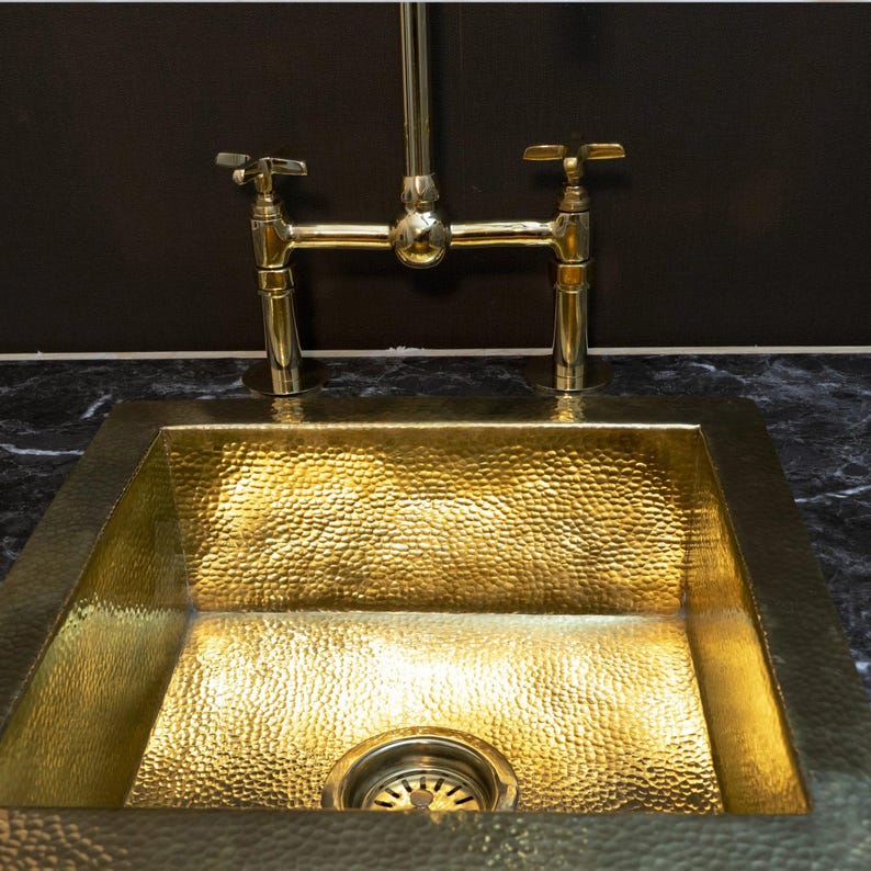 Hand-Hammered Moroccan Brass Bar Sink, Unlacquered Solid Brass Farmhouse Prep Sink for Bar, Kitchen Hammered drop in Sink
