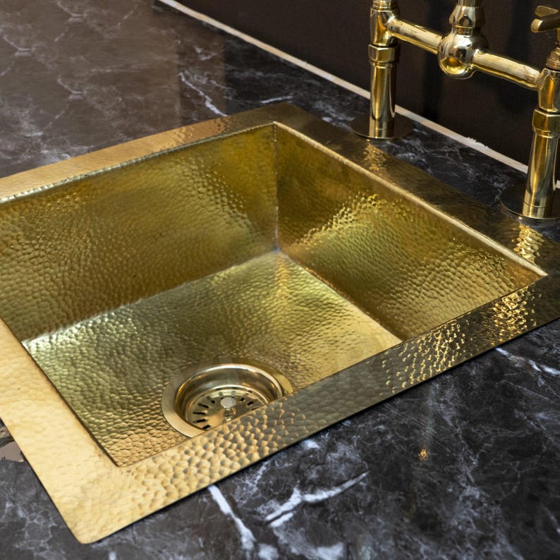 Hand-Hammered Moroccan Brass Bar Sink, Unlacquered Solid Brass Farmhouse Prep Sink for Bar, Kitchen Hammered drop in Sink
