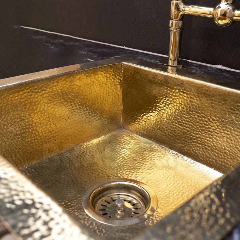 Hand-Hammered Moroccan Brass Bar Sink, Unlacquered Solid Brass Farmhouse Prep Sink for Bar, Kitchen Hammered drop in Sink
