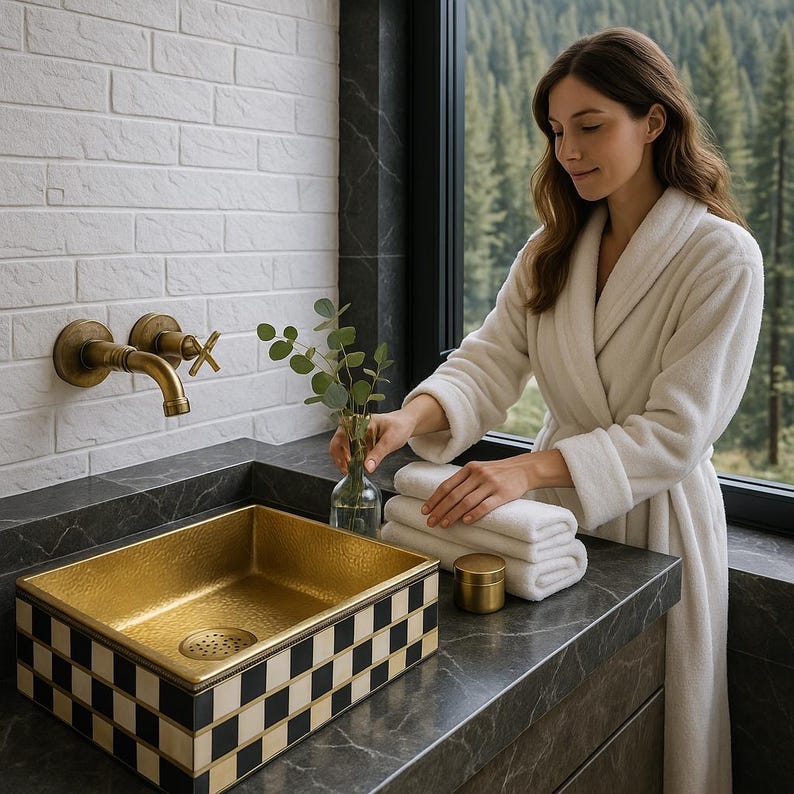 Hand-hammered brass interior of artisan vessel sink