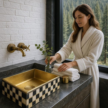Hand-hammered brass interior of artisan vessel sink