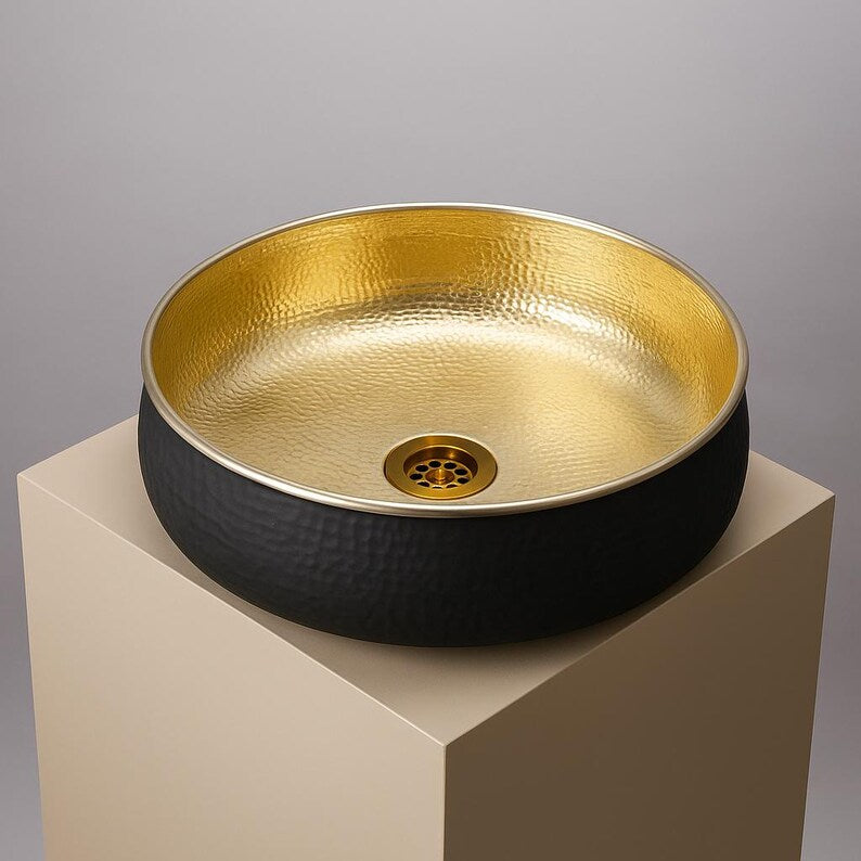 Modern black and gold brass vessel sink for bathroom vanity