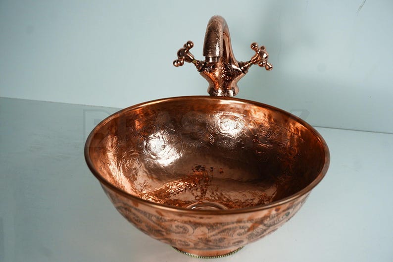 Hand Engraved Copper Vessel Sink, Moroccan Round Bathroom Countertop Basin, Rustic Antique Style, Handmade Brass Bowl for Vanity Decor
