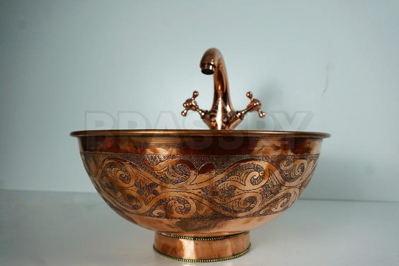 Hand Engraved Copper Vessel Sink, Moroccan Round Bathroom Countertop Basin, Rustic Antique Style, Handmade Brass Bowl for Vanity Decor
